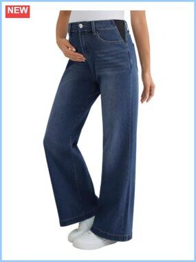 Maternity Wide Leg Flare Jeans Side Panel Stretch Denim Pregnancy Pants